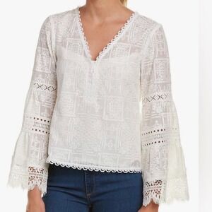 Nanette Lepore White Lace Bell Sleeve V Neck Button Up Blouse Top Size 4